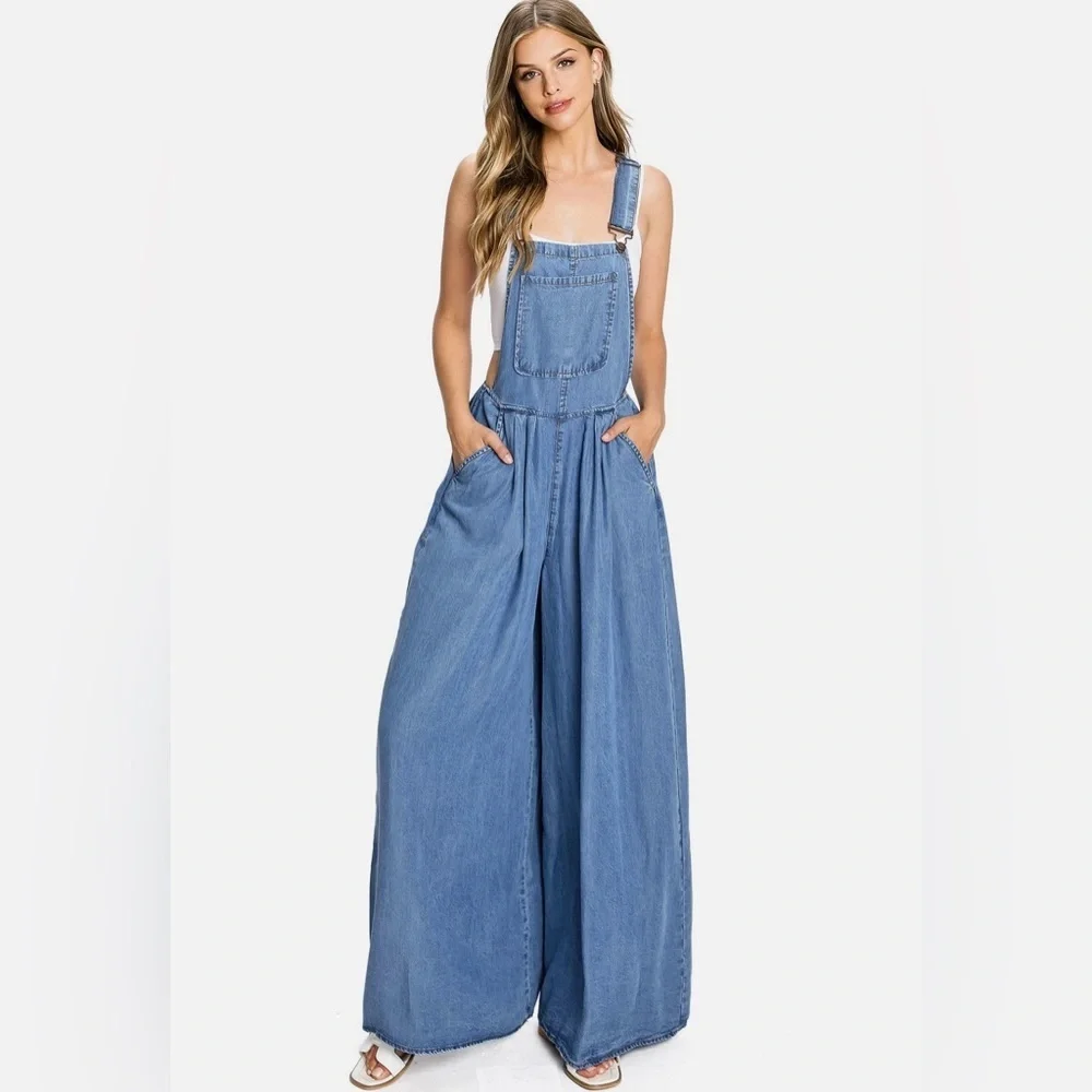 Boho Denim Wide Leg Chambray Overalls Jumpsuit Pockets Boho Summer Casual XXL
